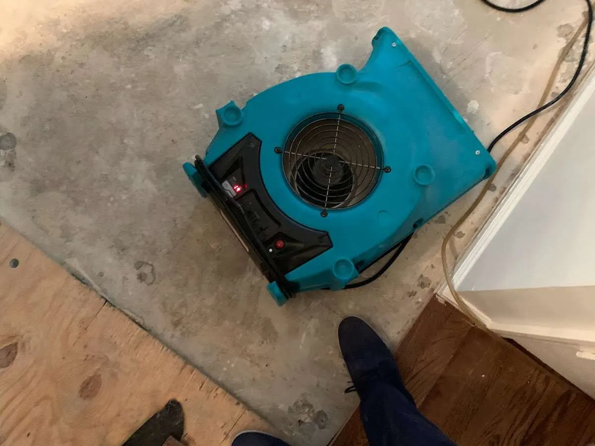 Air mover drying subfloor during Commercial Water Damage Restoration in Cave Springs